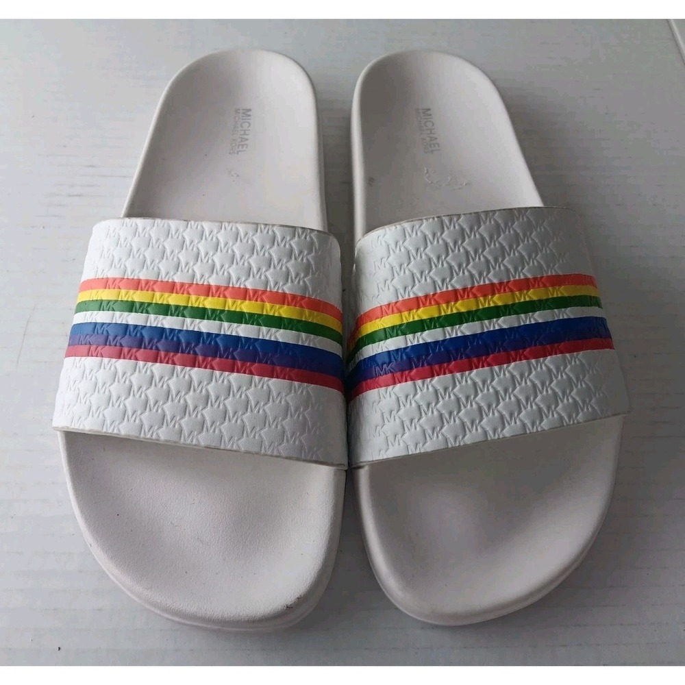 MICHAEL Michael Kors Women's Rainbow Pool Slides‎ Multicolor Slip On sz 10 - Picture 3 of 11